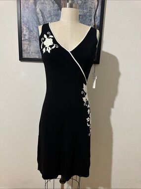 Vertigo Paris Black Midi Dress with White Floral Embroidery